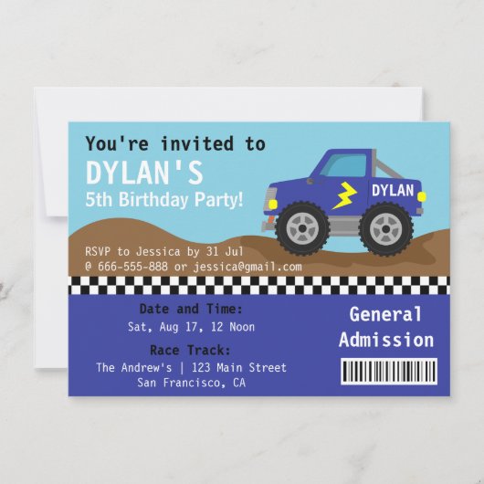 Racing Blue Monster Truck Party, Admission Ticket Kaart (Voorkant)