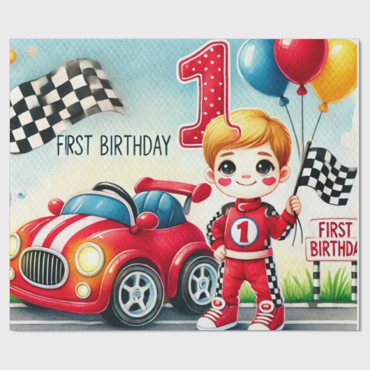 Racing Car 1st Birthday Boy Waterverf Kinder Cadeaupapier (Vlak)
