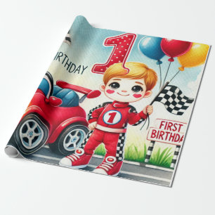 Racing Car 1st Birthday Boy Waterverf Kinder Cadeaupapier