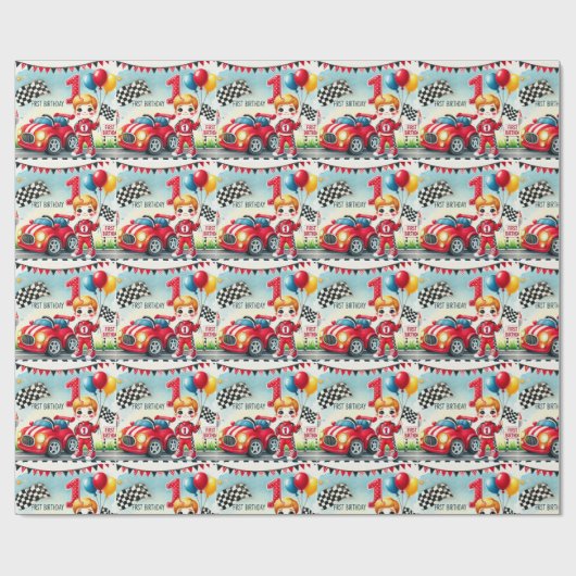 Racing Car 1st Birthday Boy Waterverf Kinder Cadeaupapier (Vlak)