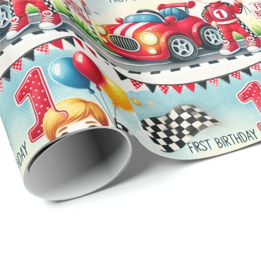 Racing Car 1st Birthday Boy Waterverf Kinder Cadeaupapier (Rol Hoek)