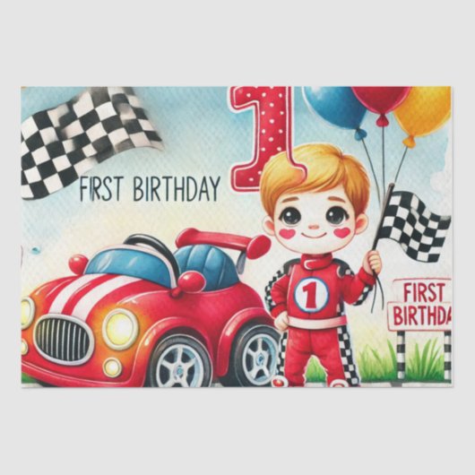 Racing Car 1st Birthday Boy Waterverf Kinder Tissuepapier (Voorkant)
