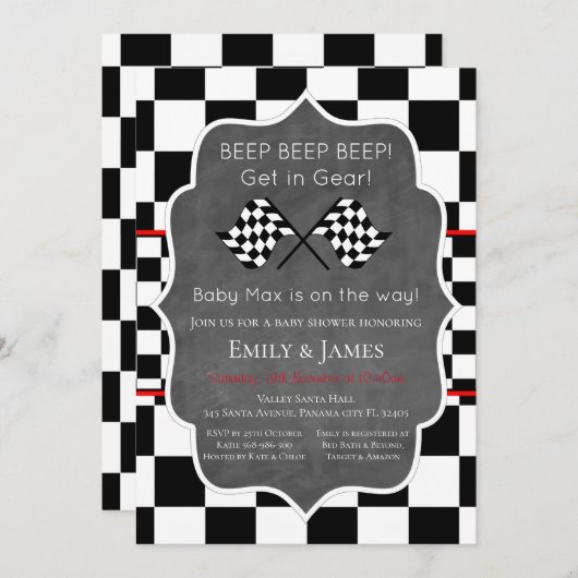 Racing Car Baby shower Invitation Birthday Invita Kaart (Voorkant / Achterkant)
