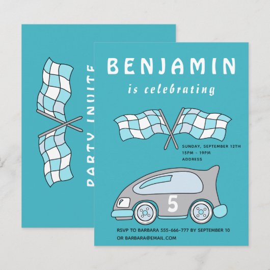 Racing Car Birthday Party Invitation Uitnodiging Briefkaart (Voorkant / Achterkant)