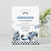 Racing Car Blue Boy Verjaardag Uitnodiging (Staand voorkant)