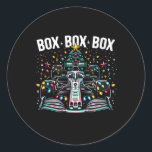 Racing Car Box Box Radio Oproep Fun Christmas TR Ronde Sticker<br><div class="desc">Racing Car Box Box Radio Call Fun Christmas Tree</div>