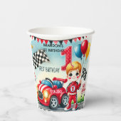 Racing Car Boy 1e verjaardag Papieren Bekers (Achterkant)