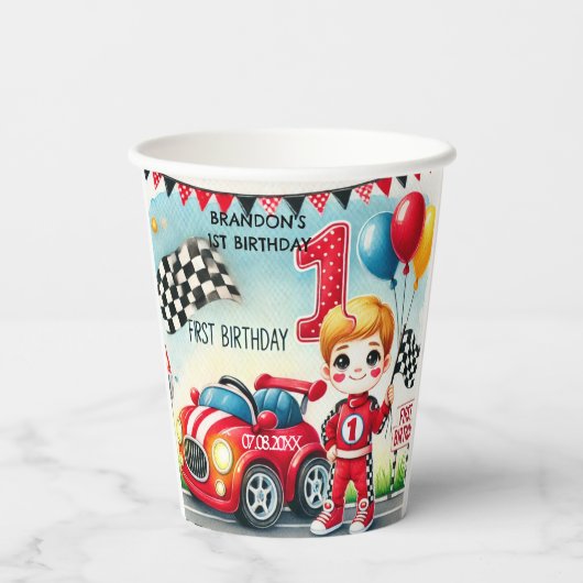 Racing Car Boy 1e verjaardag Papieren Bekers (Achterkant)