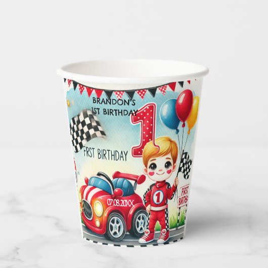Racing Car Boy 1e verjaardag Papieren Bekers (Voorkant)