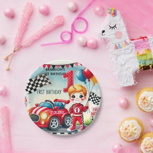 Racing Car Boy 1e verjaardag Papieren Bordje (Feest)