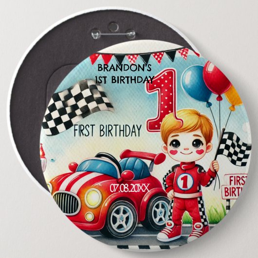 Racing Car Boy 1e verjaardag Ronde Button 6,0 Cm (Voorkant /achterkant)