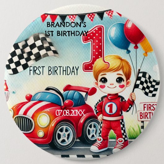Racing Car Boy 1e verjaardag Ronde Button 6,0 Cm (Voorkant)
