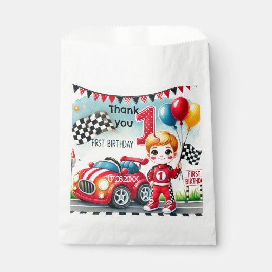 Racing Car Boy 1e verjaardagsfeestje Bedankzakje (Voorkant)