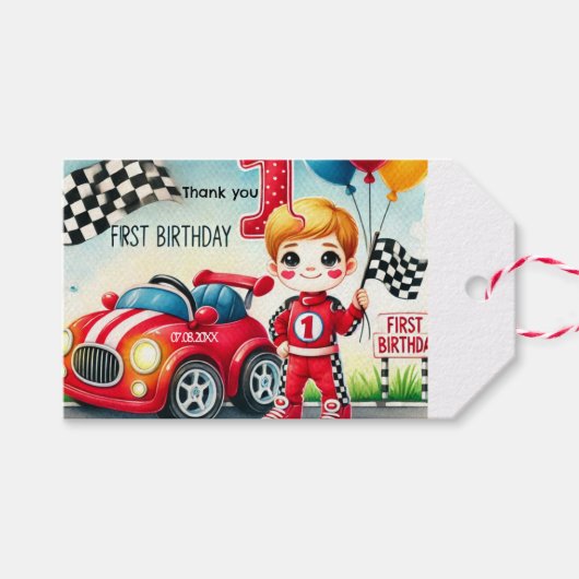 Racing Car Boy 1e verjaardagsfeestje Cadeaulabel (Voorkant (Horizontaal))