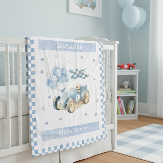 Racing Car Checkered Blue Flag Little Racer Fleece Deken