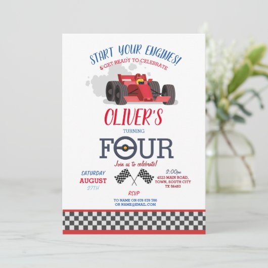 Racing Car Driver Vier Trip Track 4e Verjaardag Kaart (Staand voorkant)