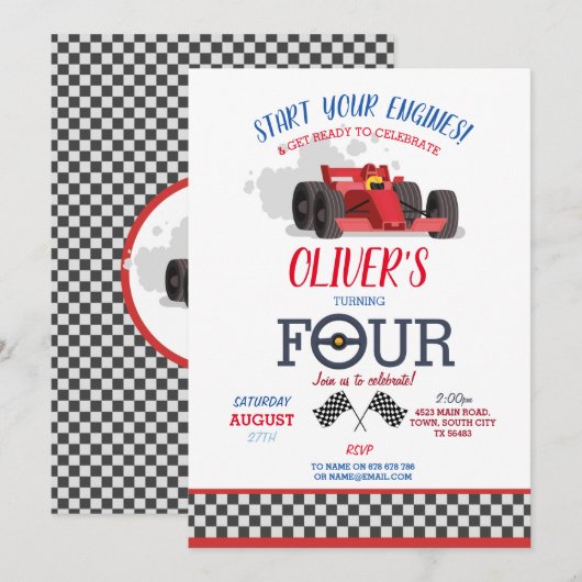 Racing Car Driver Vier Trip Track 4e Verjaardag Kaart (Voorkant / Achterkant)