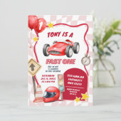 Racing Car Fast Een Eerste Verjaardag Kaart (Staand voorkant)