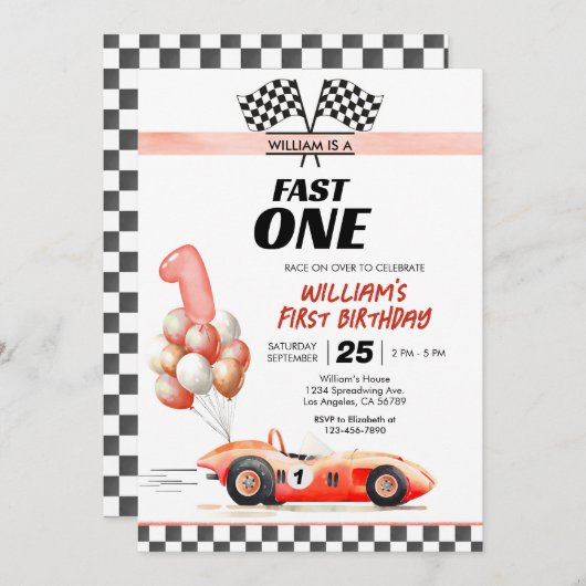 Racing Car Fast One Blue 1st Birthday Kaart (Voorkant / Achterkant)