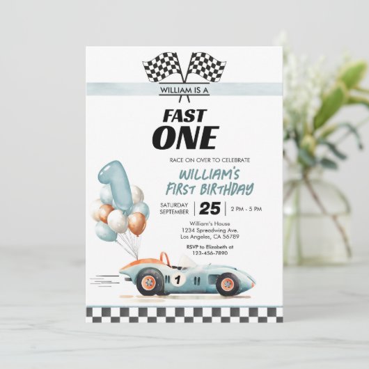 Racing Car Fast One Blue 1st Birthday Kaart (Staand voorkant)