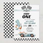 Racing Car Fast One Blue 1st Birthday Kaart (Voorkant / Achterkant)