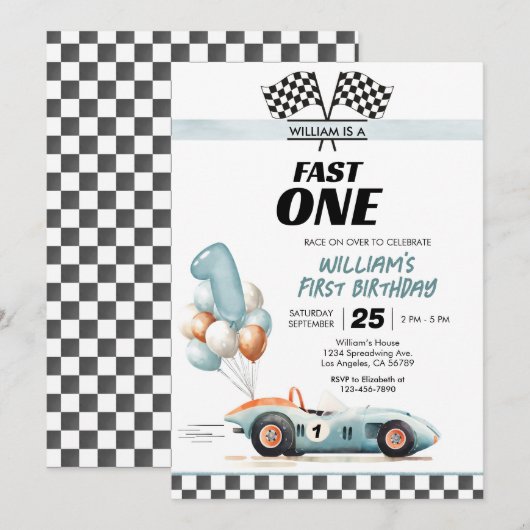 Racing Car Fast One Blue 1st Birthday Kaart (Voorkant / Achterkant)