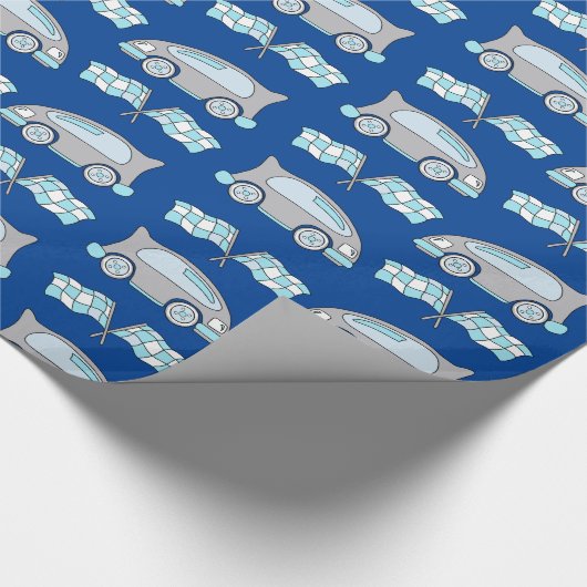 Racing Car Flag Blue Boy Pattern Cadeaupapier (Hoek)