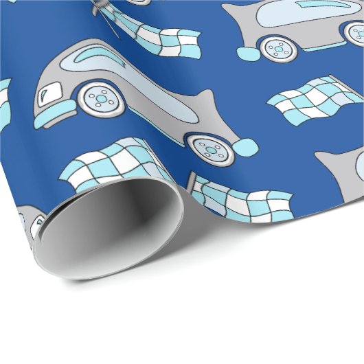 Racing Car Flag Blue Boy Pattern Cadeaupapier (Rol Hoek)