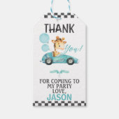 Racing Car Giraffe Verjaardag Dank u Cadeaulabel (Voorkant)