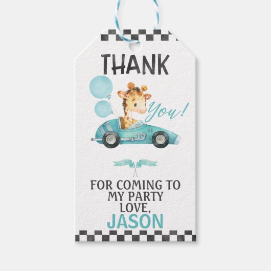 Racing Car Giraffe Verjaardag Dank u Cadeaulabel (Voorkant)