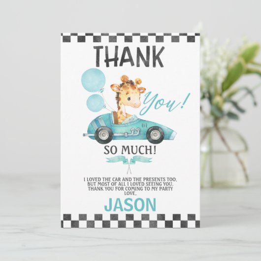 Racing Car Giraffe Verjaardag Dank u kaart (Staand voorkant)