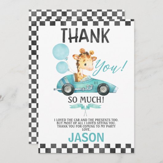 Racing Car Giraffe Verjaardag Dank u kaart (Voorkant / Achterkant)