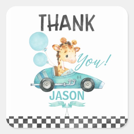 Racing Car Giraffe Verjaardag Dank u Vierkante Sticker (Voorkant)