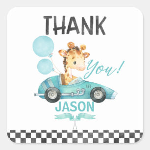 Racing Car Giraffe Verjaardag Dank u Vierkante Sticker