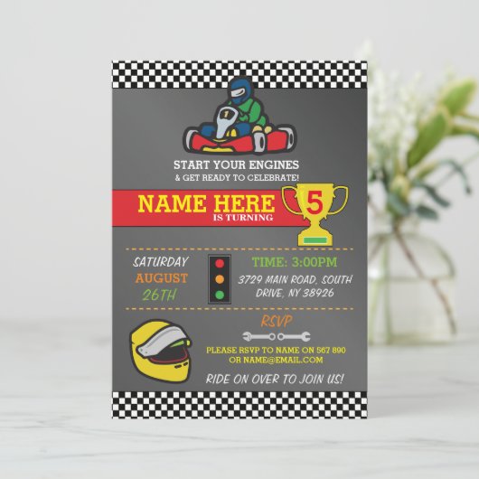 Racing Car Go Karting Kart Verjaardagsfeest Uitnod Kaart (Staand voorkant)
