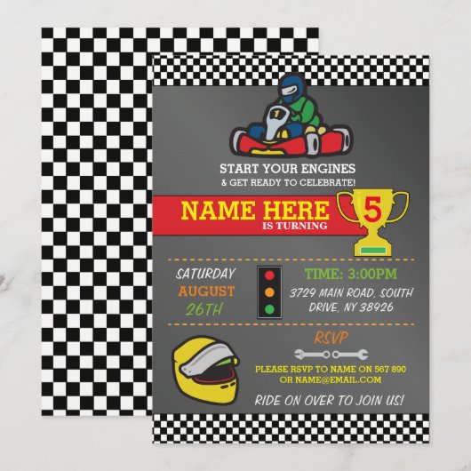 Racing Car Go Karting Kart Verjaardagsfeest Uitnod Kaart (Voorkant / Achterkant)