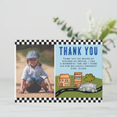 Racing Car on Road Boy Foto Birthday Bedankkaart (Staand voorkant)