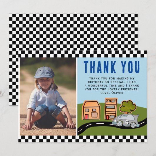 Racing Car on Road Boy Foto Birthday Bedankkaart (Voorkant / Achterkant)