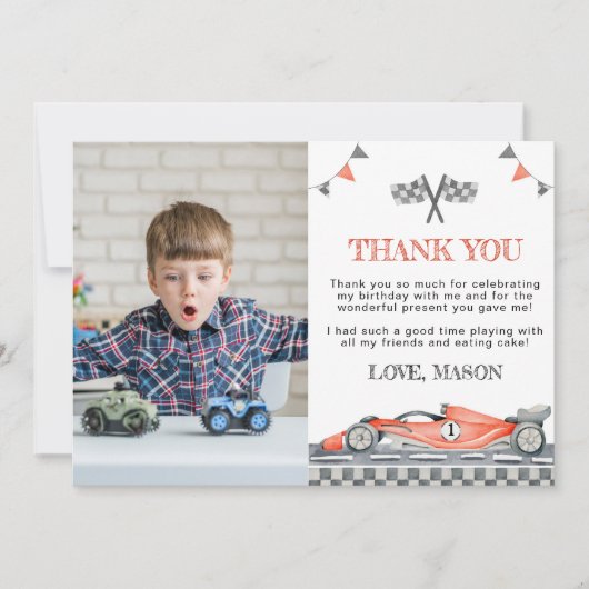 Racing Car Party Verjaardagsfoto Dank u kaart (Voorkant)