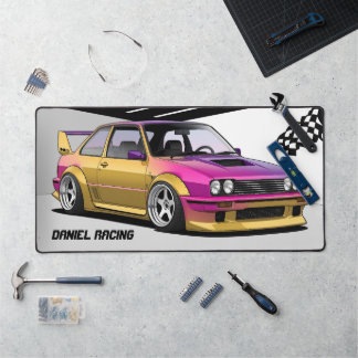 Racing Car Pink & Yellow Garage Desk Mat
