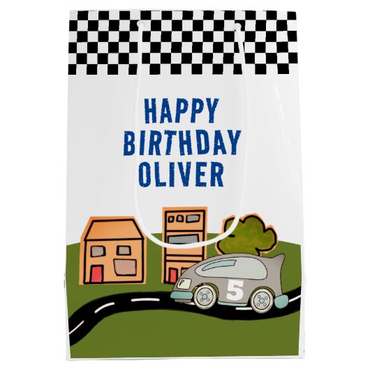 Racing Car Road House Name Happy Birthday Medium Cadeauzakje (Achterkant)