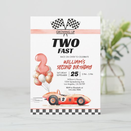 Racing Car Two Fast Uitnodiging voor 2e verjaardag (Staand voorkant)