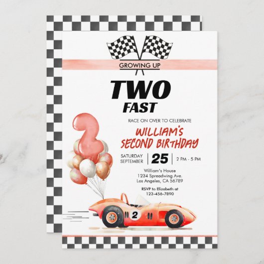 Racing Car Two Fast Uitnodiging voor 2e verjaardag (Voorkant / Achterkant)