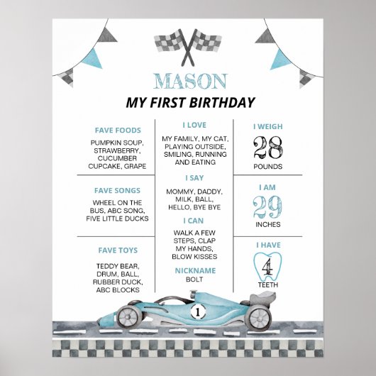 Racing Car Verjaardagsfeestje Milestone Poster (Voorkant)