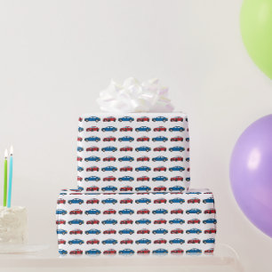 Racing Cars Race Retro Blue Verjaardag Kinder Cadeaupapier