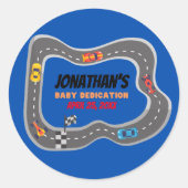 Racing Cars Racetrack Baby Jongen Toewijding Ronde Sticker (Voorkant)