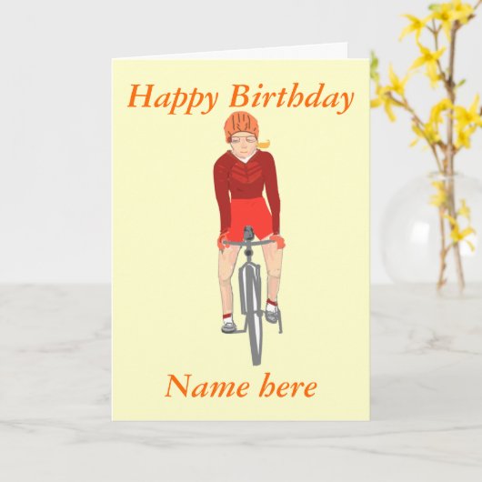 Racing Cyclist, woman add name and text Kaart (Gele Bloem)
