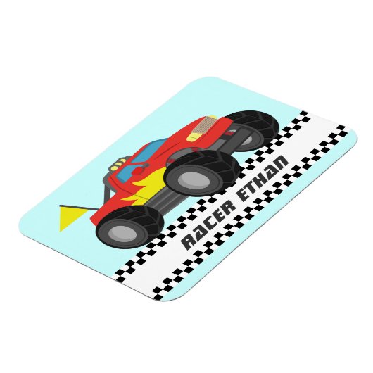 Racing Fiery Red Monster Truck op persoonlijke tit Magneet (Linkerzijde)