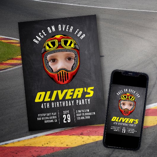 Racing Helmet Photo Birthday Party Kaart