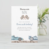Racing Into Six Blue Car 5th Birthday Invitation Kaart (Staand voorkant)